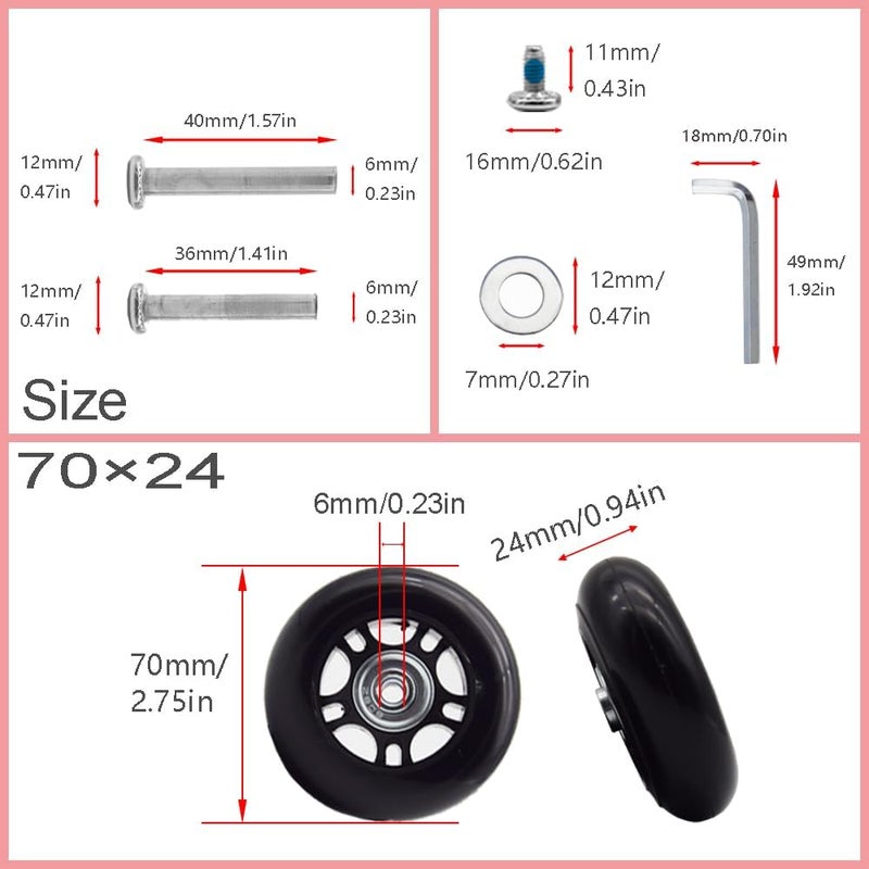 Ruidee 4 Pcs Luggage Suitcase Replacement Wheels 70x24mm Wear-Resistant Luggage Wheels Rubber Rotating Wheel Low Noise for Trolley Travel Case Carry-on Roller Bag (SXL/70x24mm) - Image 2